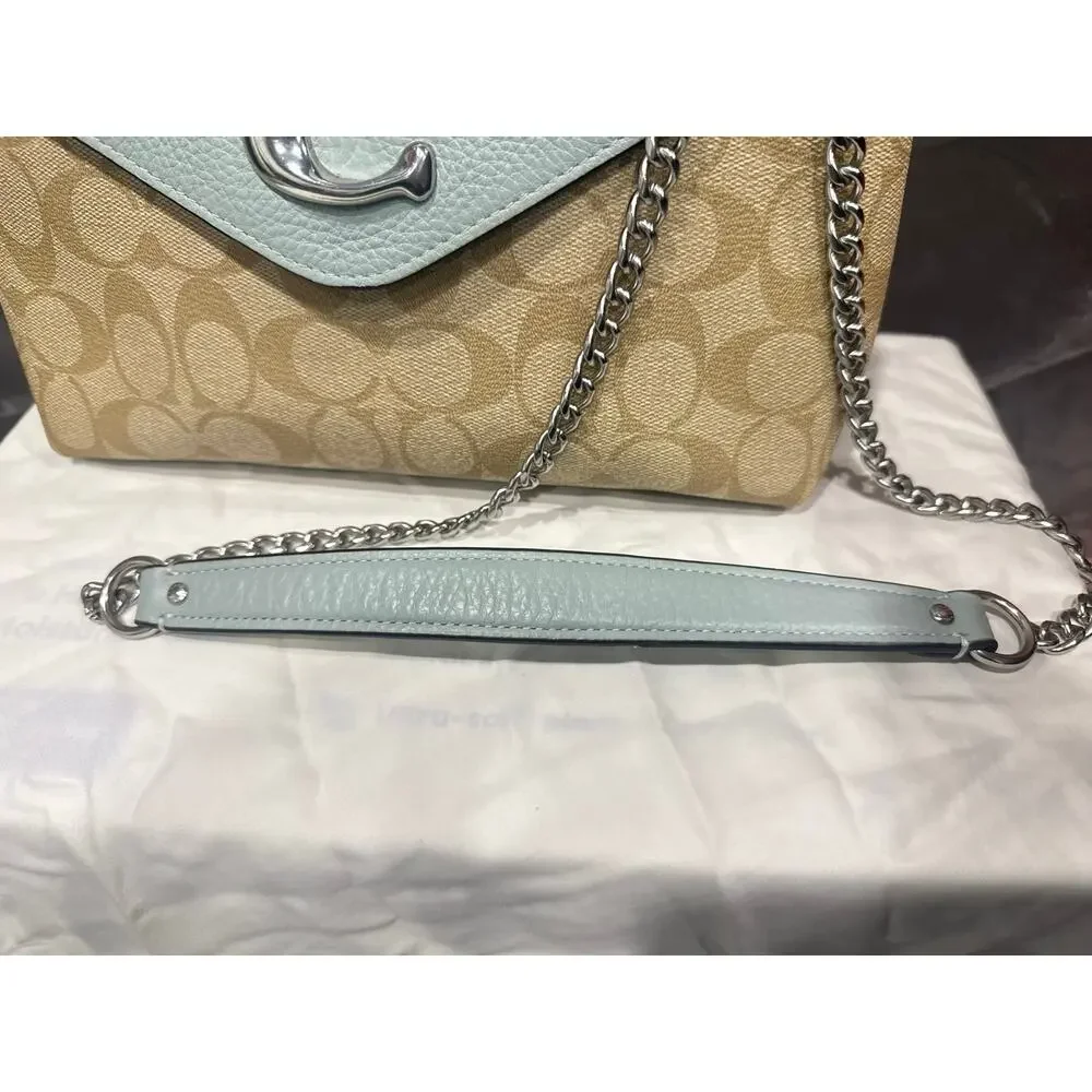 Coach Tammie Shoulder Bag in Signature Canvas Khaki Teal Chain Strap C6784